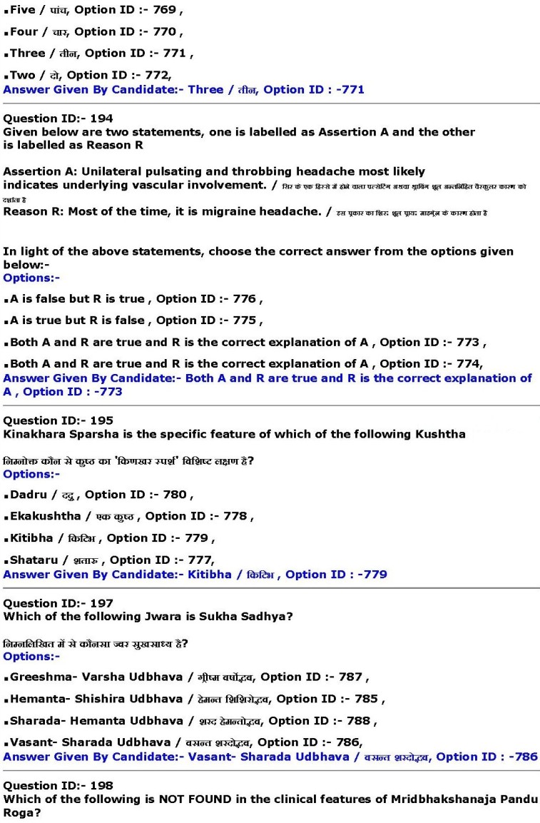 Ayurveda MD/MS Entrance Examination Previous Years Question Papers