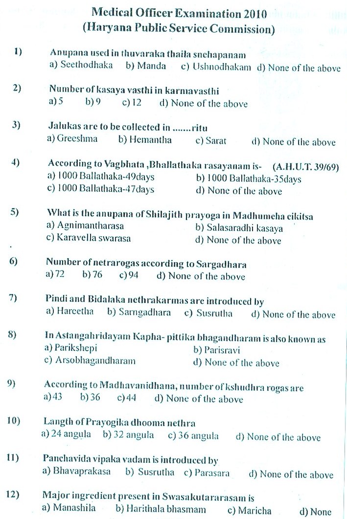 Ayurveda Medical Officer previous years question papers,ayurveda upsc